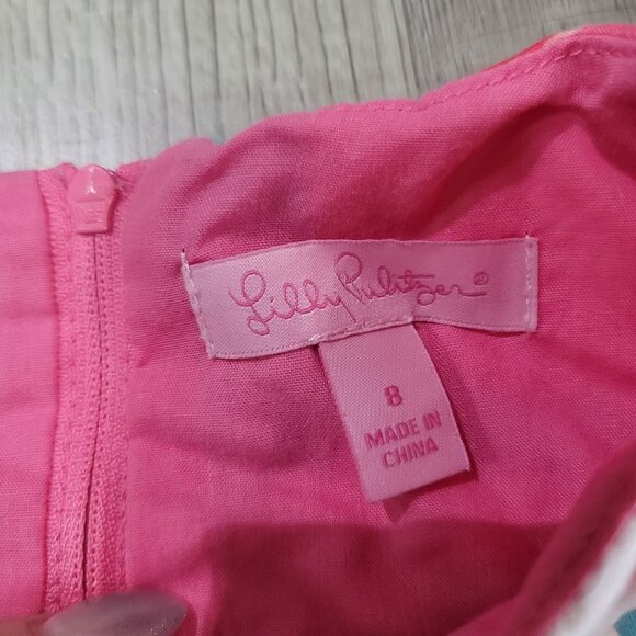 Lilly Pulitzer Southern Charm Shift Dress Flamingo pink blue lace accent Size 8 - Picture 3 of 4